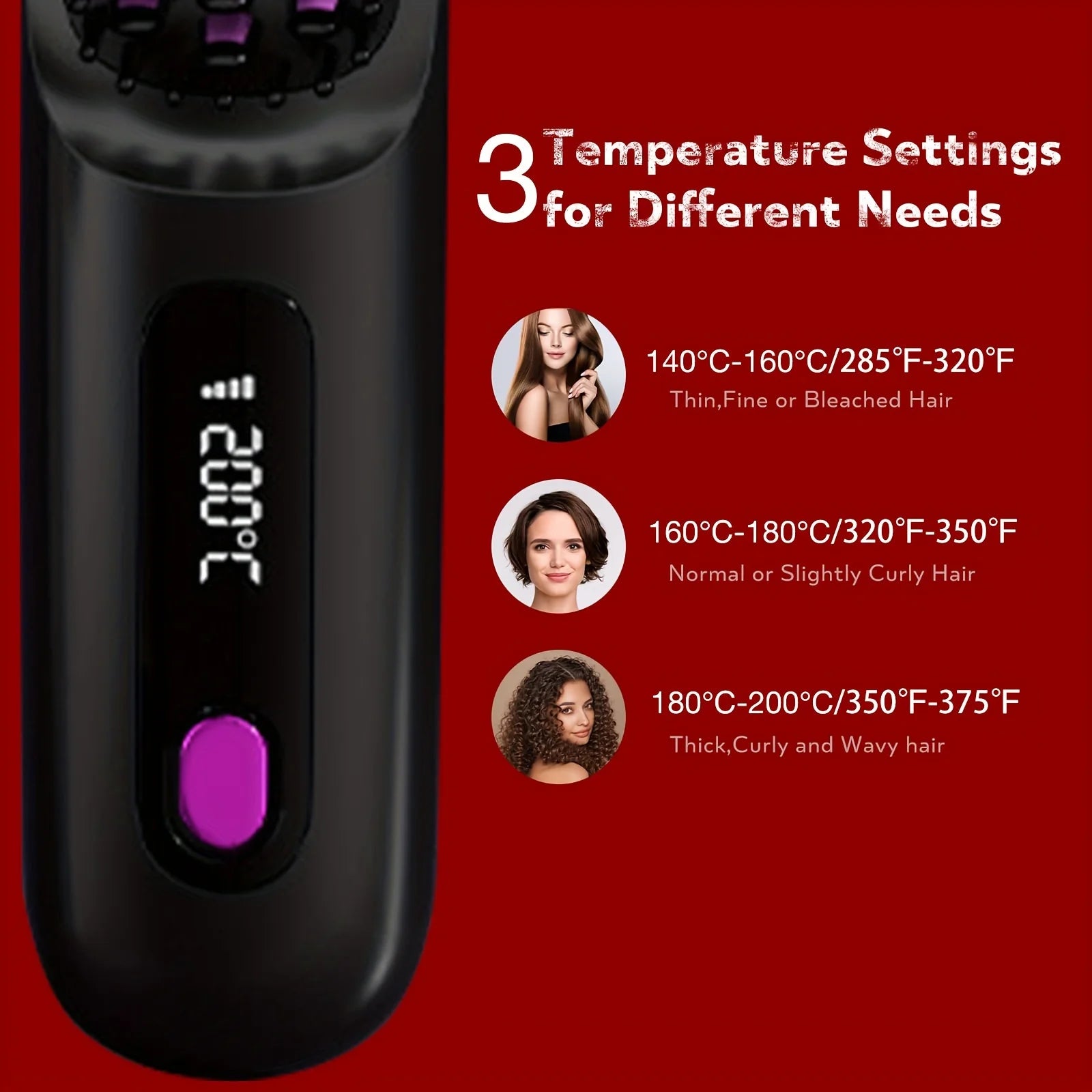 Hair Straightener Brush for Travel with Negative Ion Type-C Charging 2000mAh Battery Frizz-Free Shine Smooth hair